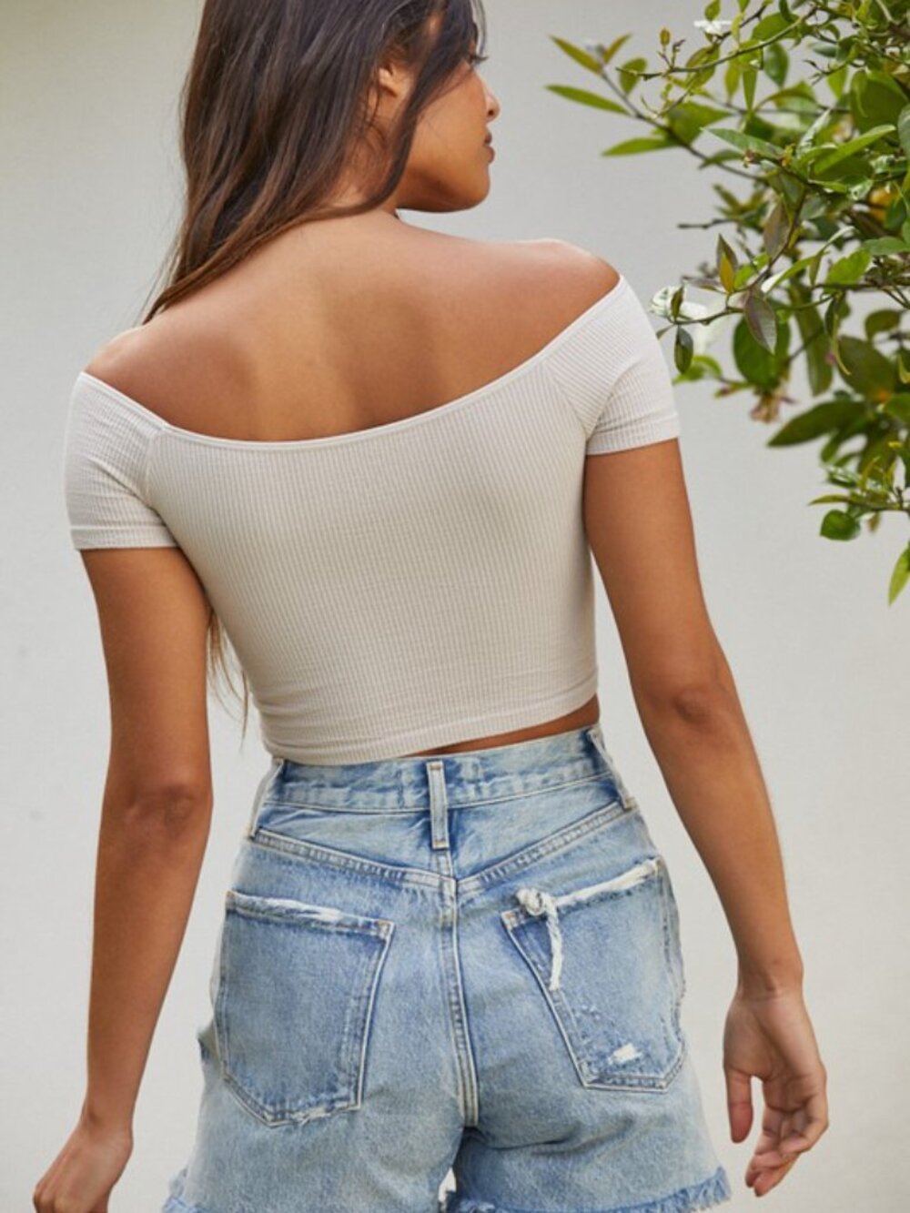By Together Cream Ribbed Off-Shoulder Crop Top - Picture 3 of 4